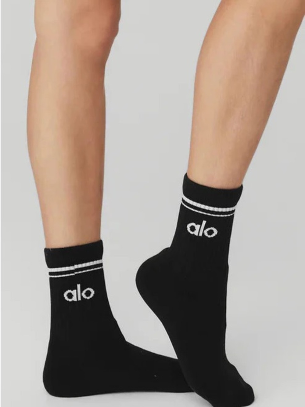 ALO Yoga Black Crew Socks with White Logo and Stripes